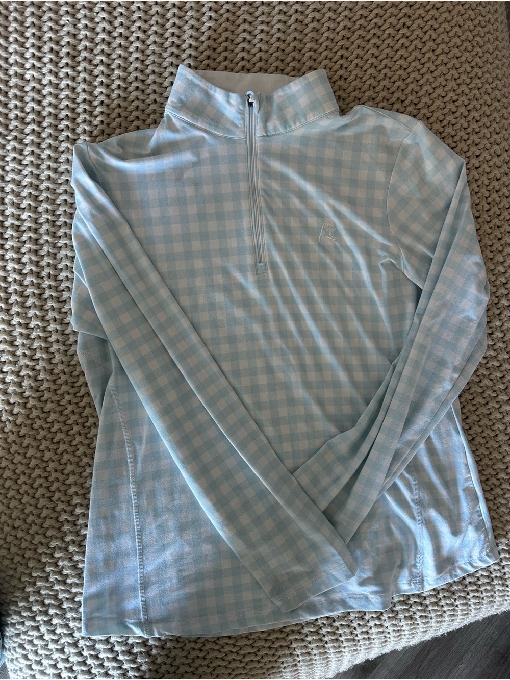 Rhoback Light blue Gingham Quarter-Zip Top